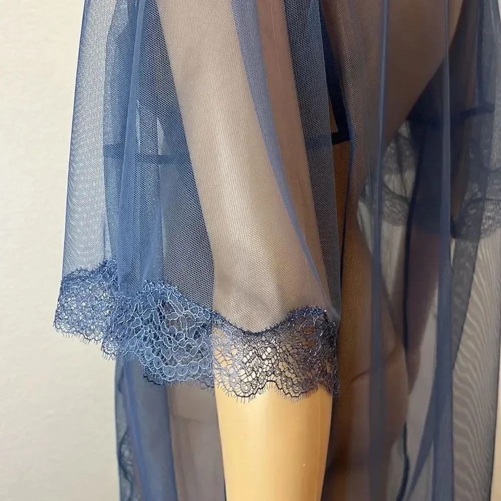 Victoria’s Secret Night Gown Sexy Intimate Robe Wrap Size XS/S Blue Sheer Lace